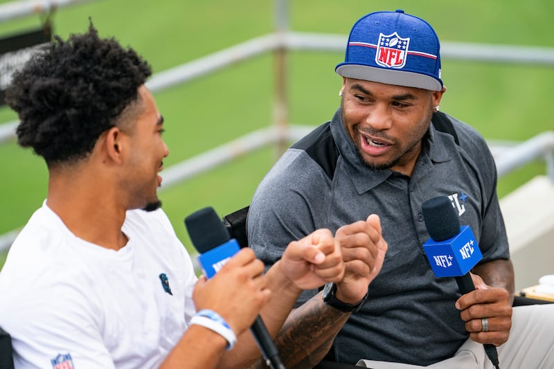 Steve Smith interviews Carolina Panthers QB Bryce Young at the NFL team’s training camp on July 29, 2023, in Spartanburg, S.C.