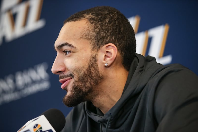 Utah Jazz center Rudy Gobert talks to journalists at the Zions Bank Basketball Center in Salt Lake City on Wednesday, May 9, 2018.