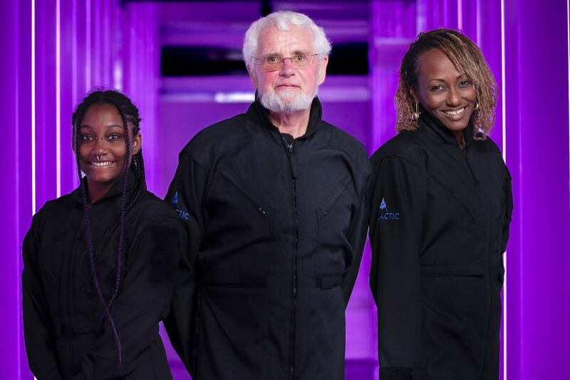 This photo provided by Virgin Galactic shows, from left, Anastatia Mayers, Jon Goodwin and Keisha Schahaff. Virgin Galactic will fly its first tourists to space following years of delays.