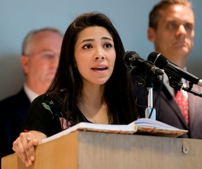 Enedina Stanger speaks at a press conference addressing Utah's medical marijuana ballot initiative at the Utah State Office Building in Salt Lake City on Thursday, Aug. 23, 2018. Stanger moved from Utah to Colorado so she could legally access her drugs fo