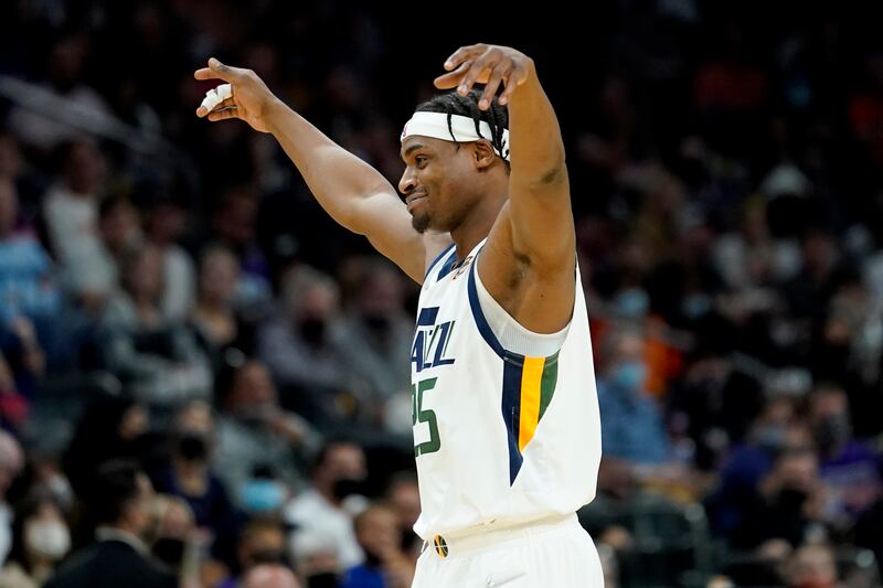 Utah Jazz forward Danuel House Jr. celebrates a basket against the Phoenix Suns.
