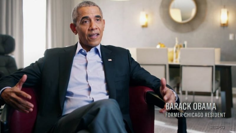 During one moments, former President Barack Obama appears on screen to talk about Jordan and what he meant to the city of Chicago.