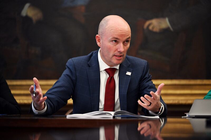 Gov. Spencer Cox explains portions of the proposal as he meets with Deseret News reporters and editors to discuss the state budget proposal at the Capitol in Salt Lake City on Dec. 4, 2023.