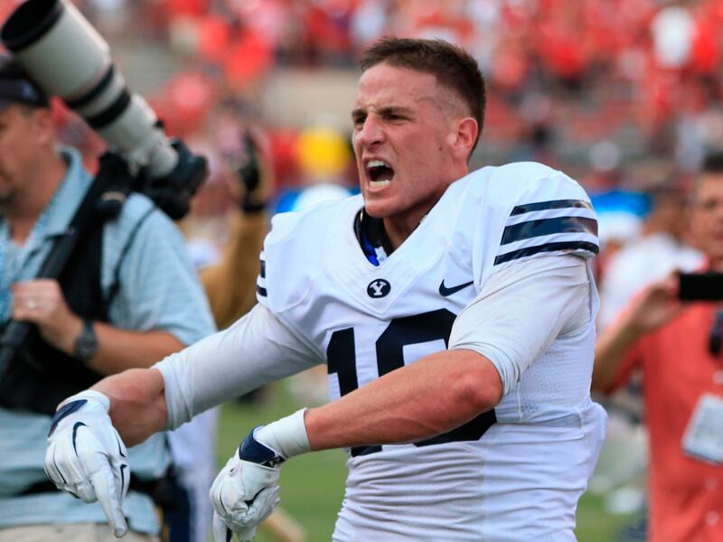 BYU wide receiver Mitch Mathews reacts after scoring game-winning touchdown vs. Nebraska in Lincoln, Neb., Sept. 5, 2015.