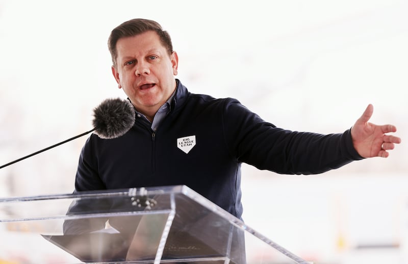 Steve Starks, chief executive officer of the Larry H. Miller Company, speaks about the possibility of bringing a Major League Baseball team to Salt Lake City at the ground breaking of the Rocky Mountain Power District property on Wednesday, April 12, 2023.