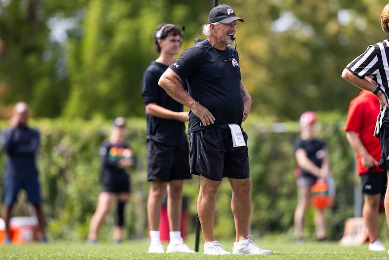 Utah head coach Kyle Whittingham looks on during a practice in Salt Lake City on Aug. 8, 2025.