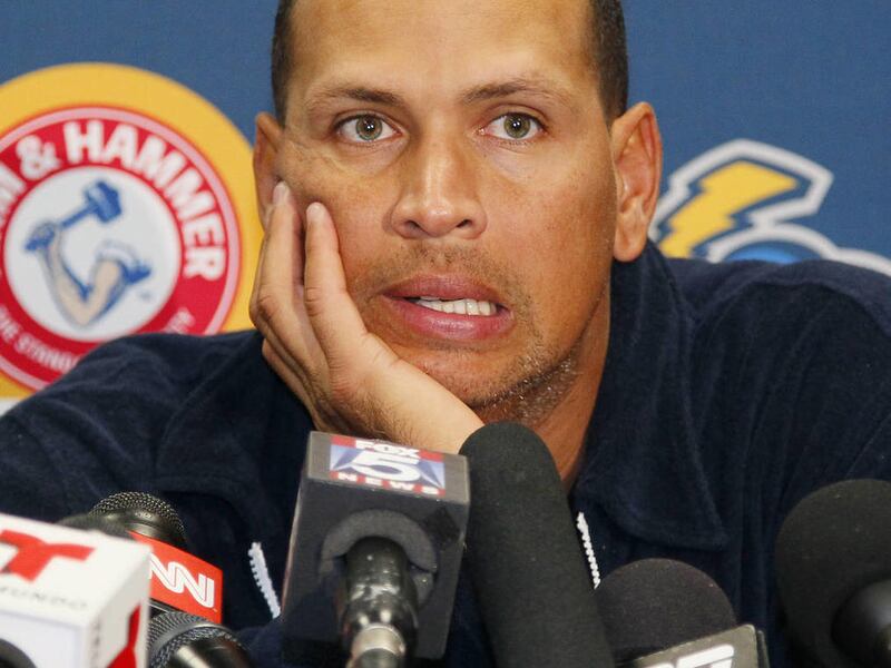FILE - In this Aug. 2, 2013, file photo, New York Yankees' Alex Rodriguez answers questions from reporters during a news conference following a Class AA baseball game with the Trenton Thunder against the Reading Phillies, in Trenton, N.J. Three MVP awards