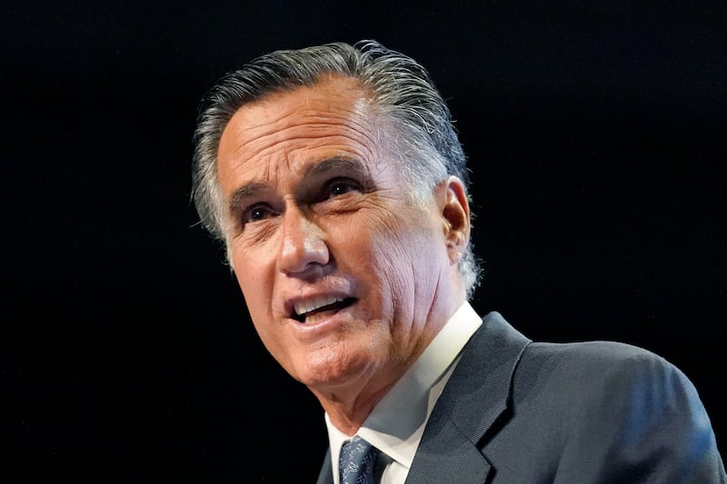 Sen. Mitt Romney addresses Utah Republicans during their convention in West Valley City on Saturday, May 1, 2021.