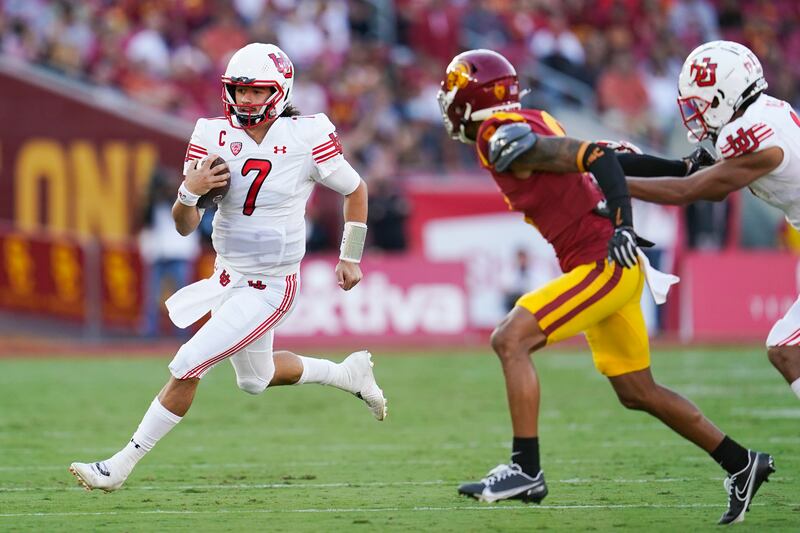 Utah QB Cameron Rising runs against USC during on Oct. 9, 2021, in Los Angeles. USC plays at Utah on Saturday.