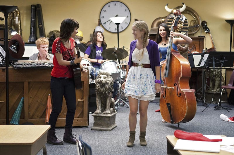 Adam Hicks, left, Hayley Kiyoko, Blake Michael, Bridgit Mendler and Naomi Scott jam.