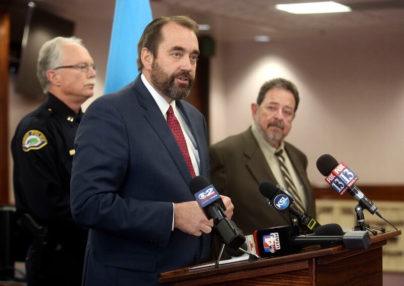 Utah County Attorney David Leavitt speaks during a press conference about the criminal case involving the death of Provo police officer Joseph Shinners at the Utah County Commission Chambers in Provo on Wednesday, Jan. 23, 2019.