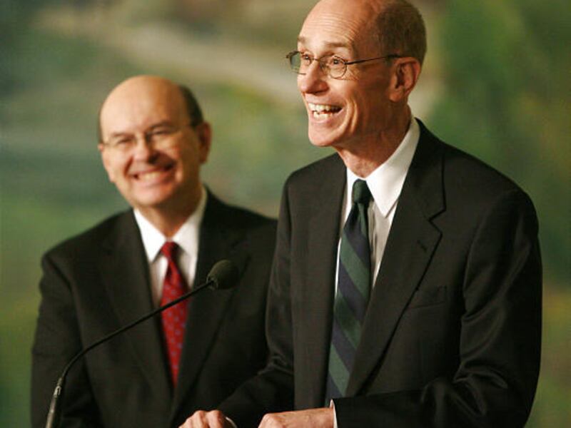 Elder Quentin L. Cook, left, newly sustained as a member of the Quorum of Twelve Apostles, and President Henry B. Eyring, the newly appointed second counselor in the First Presidency, address media.