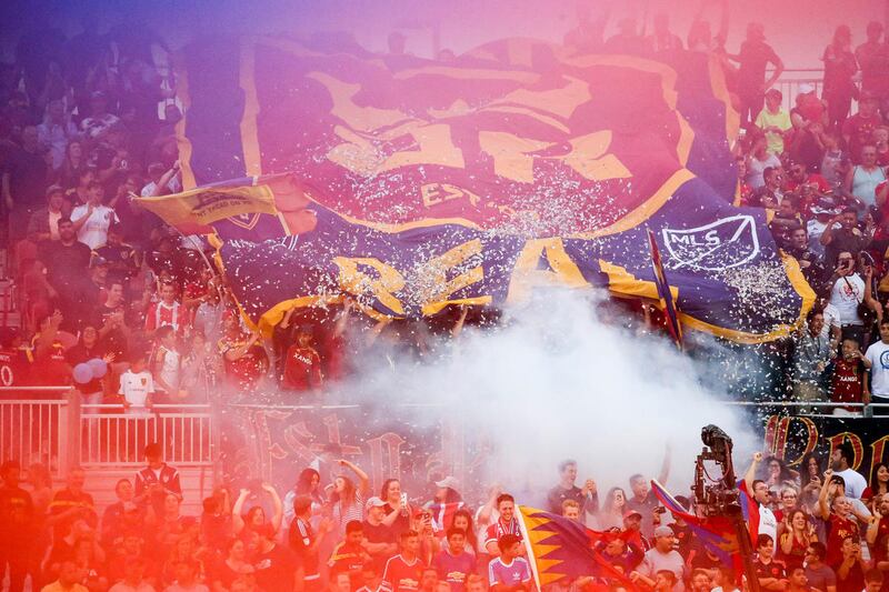 Real Salt Lake fans cheer after midfielder Luis Silva (20) scored against Manchester United during a match at Rio Tinto Stadium in Sandy on Monday, July 17, 2017.