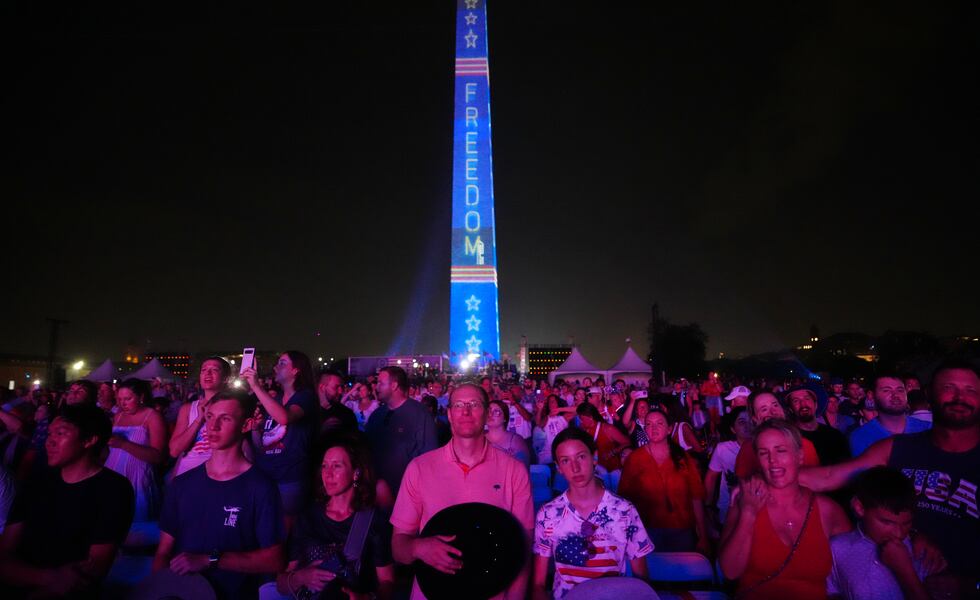 People listen as President Donald Trump speaks at Salute to America, an Independence Day event honoring the nation's 250th anniversary, Saturday, July 4, 2026, on the National Mall in Washington.