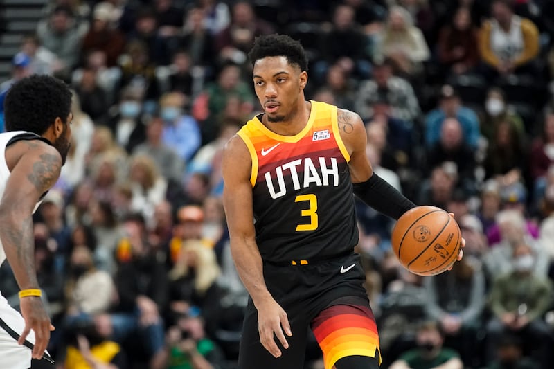 Utah Jazz guard Trent Forrest (3) looks for an open teammate during an NBA basketball game at Vivint Arena in Salt Lake City.