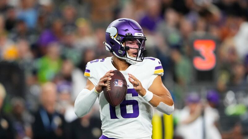 Minnesota Vikings quarterback Jaren Hall passes during the second half of an NFL preseason football game against the Seattle Seahawks.