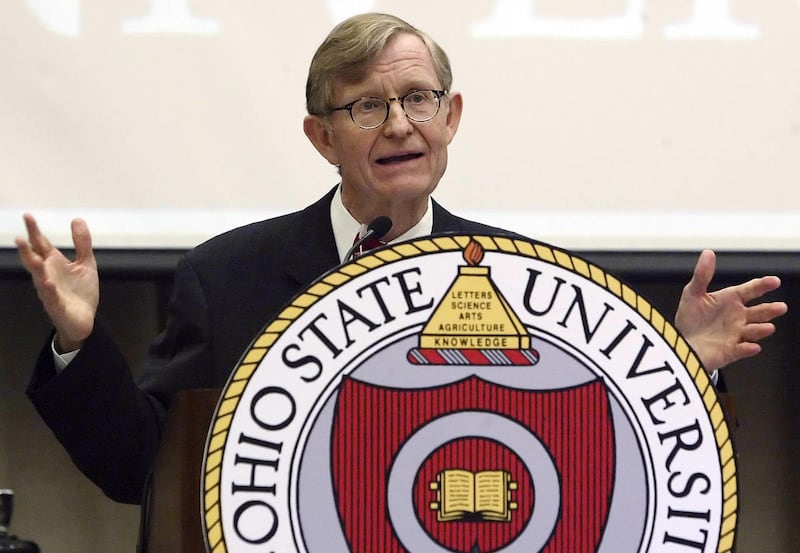 In this July 12, 2007, file photo, Gordon Gee speaks after being named Ohio State University's 14th president during a news conference in Columbus, Ohio. Gee is retiring as of July 1 following the revelation of recorded remarks in which he criticized Notr
