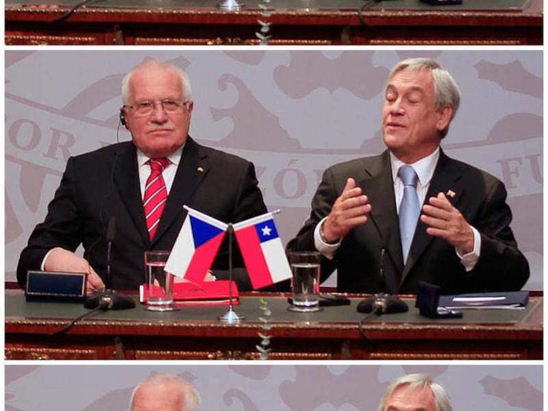In this combo of three pictures taken on April 4, 2011, Czech Republic President Vaclav Klaus, left, from top to bottom, is seen opening a pen box and placing the pen in his pocket as Chile's President Sebastian Pinera speaks in La Moneda, Chile. Czech t