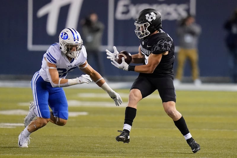 Utah State wide receiver Kyle Van Leeuwen catches during game against BYU Friday, Oct. 1, 2021, in Logan, Utah.