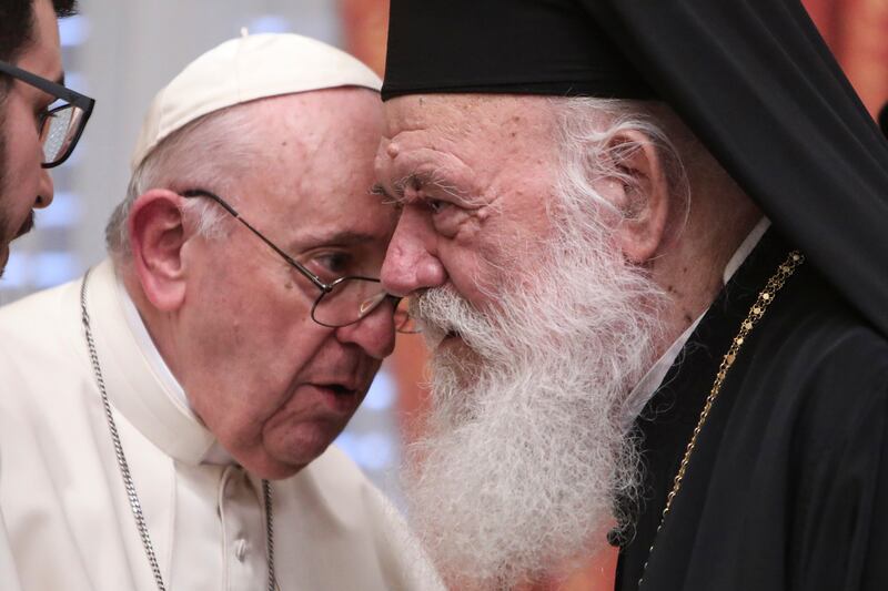 Pope Francis meets Archbishop of Athens and leader of Greece’s Orthodox Church, Ieronymos II at the Orthodox archbishopric in Athens, Greece.