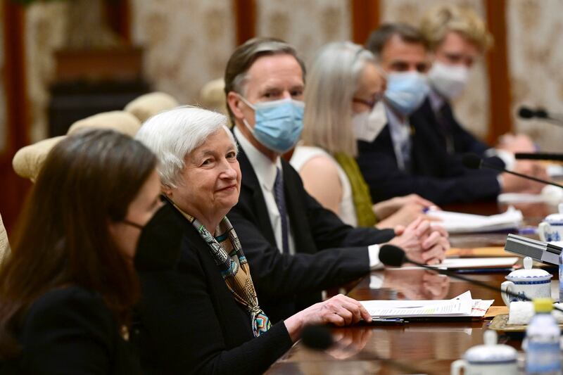 U.S. Treasury Secretary Janet Yellen speaks during her meeting with China’s Vice Premier He Lifeng in Beijing.