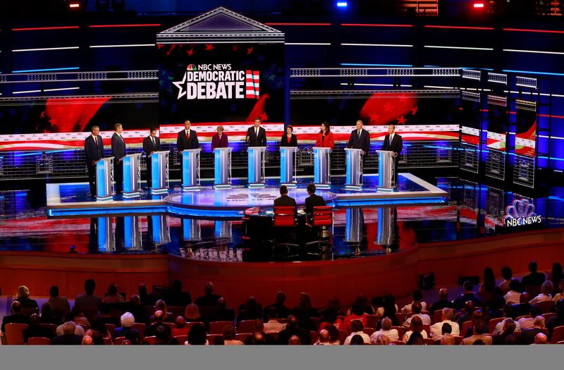 Democratic presidential candidates from left, New York City Mayor Bill de Blasio, Rep. Tim Ryan, D-Ohio, former Housing and Urban Development Secretary Julian Castro, Sen. Cory Booker, D-N.J., Sen. Elizabeth Warren, D-Mass., former Texas Rep. Beto O’Rourk