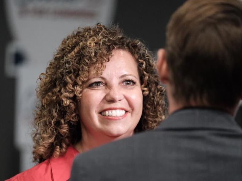 Celeste Maloy talks to a reporter Tuesday evening at a campaign party in Cedar City.