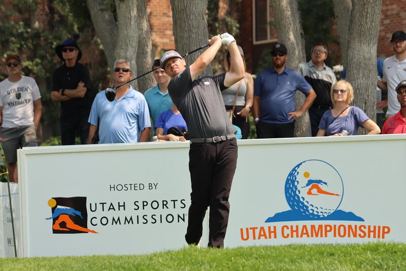 Former BYU golfer Patrick Fishburn hits a shot during the Korn Ferry Tour’s Utah Championship.