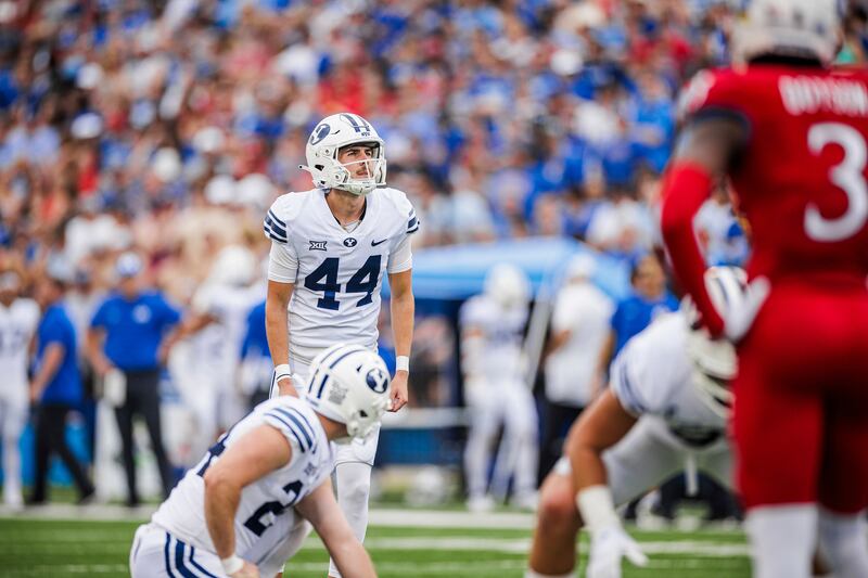 BYU kicker Will Ferrin lines up a kick during a game against Kansas in the Cougars’ Big 12 opener in Lawrence, Sept. 23, 2023.