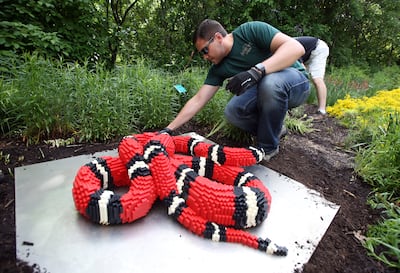 Jason Alba adds mulch under one of Sean Kenney's Lego sculptures at Red Butte Garden in Salt Lake City on Wednesday, May 30, 2018.
