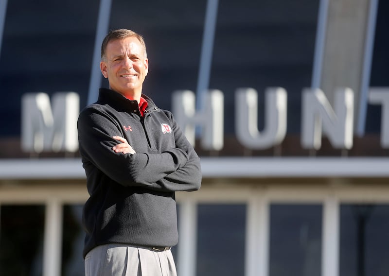 University of Utah athletic director Mark Harlan poses for a portrait outside of the Huntsman Center in Salt Lake City, on Thursday, May 30, 2019.