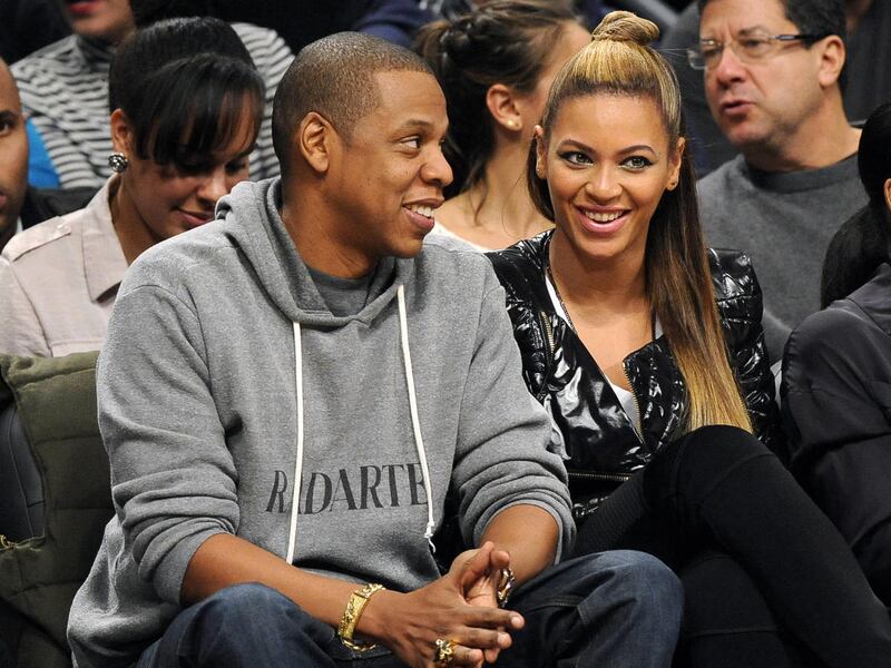 This Nov. 23, 2012 photo shows Jay Z and his wife Beyonce at the Brooklyn Nets against the Los Angeles Clippers NBA basketball game at Barclays Center in New York.