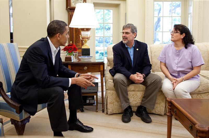 President Barack Obama meets Saturday in the Oval Office with Richard Phillips, the captain of the Maersk Alabama cargo ship that was taken over by Somali pirates on April 8, and Phillips' wife, Andrea. Phillips was held hostage for five days before U.S.
