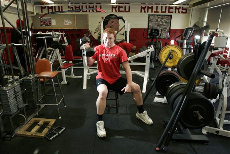 High school wrestling and football star Zach Greenwald works out in the weight room at Paulsboro High School in Paulsboro, N.J. Greenwald says he doesn't use steroids and likes the testing program in New Jersey.