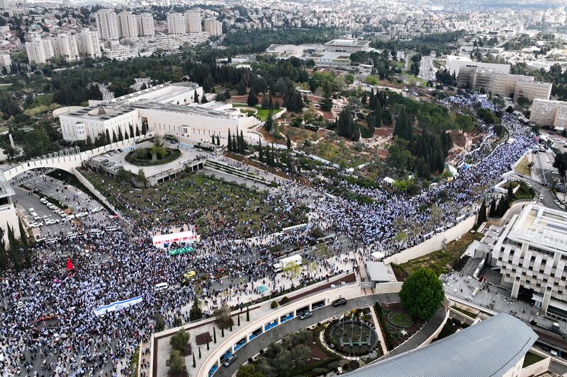 Tens of thousands Israelis protest against Prime Minister Benjamin Netanyahu’s judicial overhaul plan outside the parliament in Jerusalem.