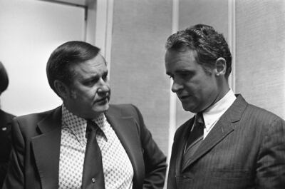 Columnist Jack Anderson, left, talks with Democratic vice presidential candidate Thomas Eagleton on Sunday, July 30, 1972, after they appeared on CBS’ “Face the Nation” in Washington.
