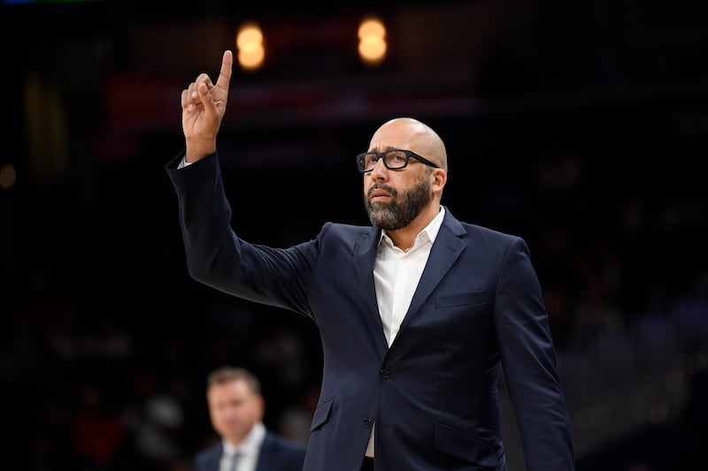 In this Oct. 7, 2019, photo, New York Knicks coach David Fizdale gestures during game against the Wizards in Washington.