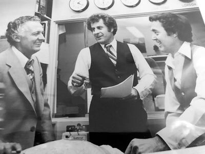 The former voice of the BYU Cougars and former KSL sportscaster Paul James, right, seen in this undated photo with former KSL-TV anchors Dick Nourse and Bob Welti.
