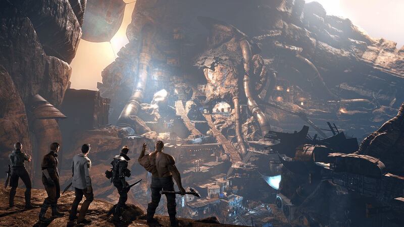 A team of explorers stand over ancient ruins on Mars in "The Technomancer."