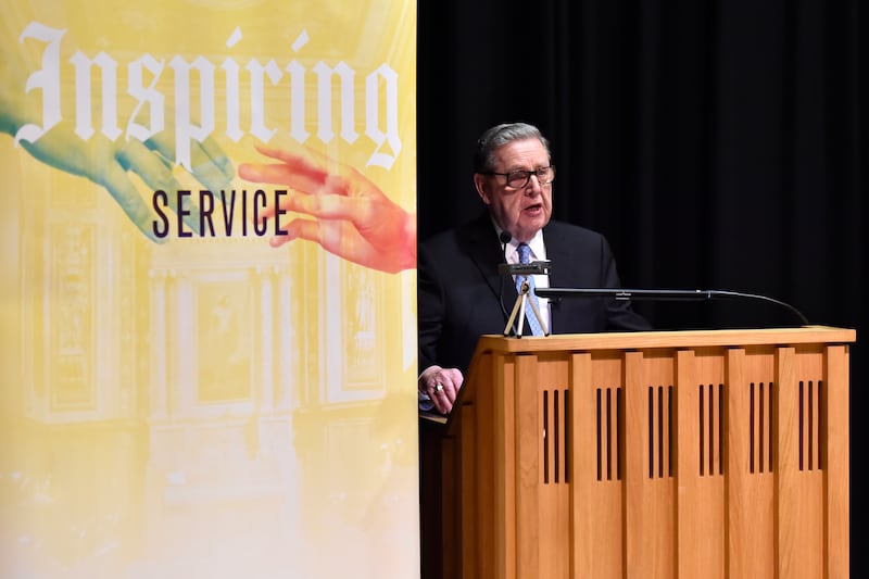 Elder Jeffrey R. Holland speaks as part of a distinguished panel of religious leaders discussing "Inspiring Service" in Pembroke College's Pichette Hall at the University of Oxford on Friday, Nov. 23, 2018.