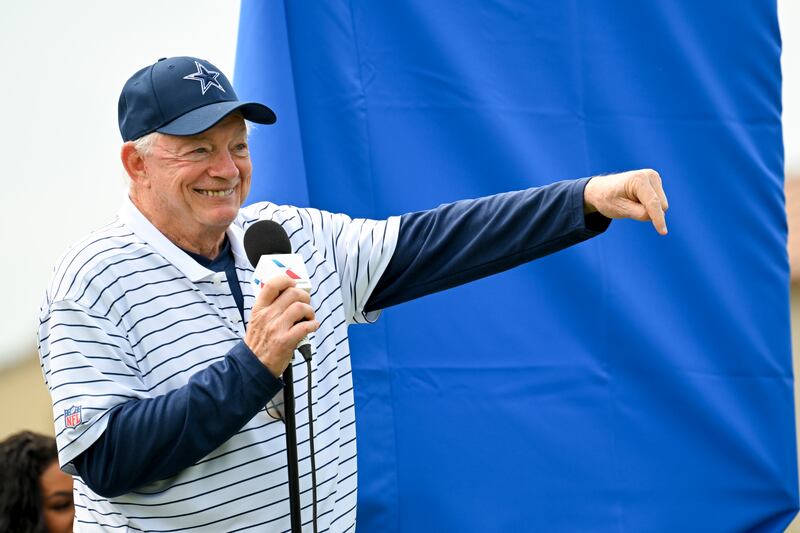 Dallas Cowboys owner Jerry Jones greats the fans during the official opening day of NFL football training camp, Saturday, July 30, 2022, in Oxnard, Calif. (AP Photo/Gus Ruelas)