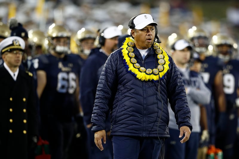 Navy head coach Ken Niumatalolo walks down the sideline in the first half of an NCAA college football game against Tulsa, Saturday, Nov. 17, 2018, in Annapolis, Md. (AP Photo/Patrick Semansky)