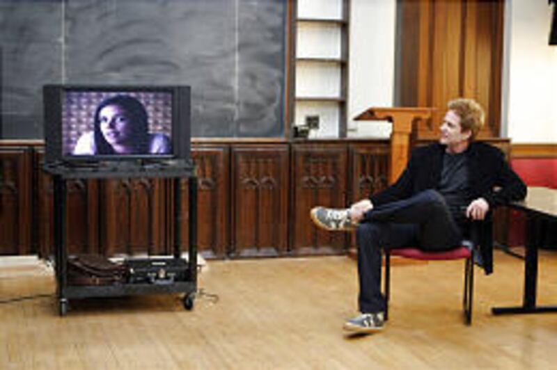 Macklin (Matthew Modine) watches Sarah's (Tiffany Dupont) video in "Bedford," which airs tonight.