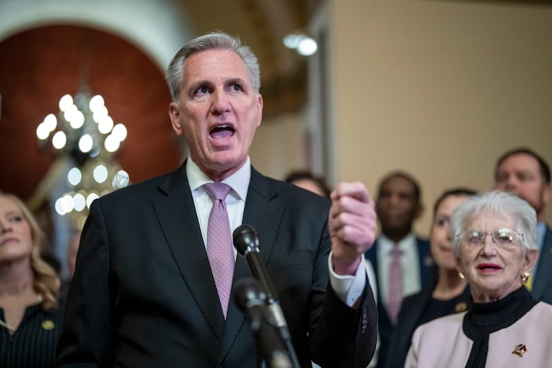 House Speaker Kevin McCarthy, R-Calif., talks to reporters after the House narrowly passed the “Parents’ Bill of Rights Act.”