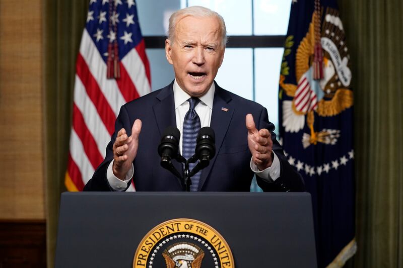 President Joe Biden speaks from the Treaty Room in the White House on April 14, 2021, about the withdrawal of the remainder of U.S. troops from Afghanistan. Biden announced his reelection bid for 2024.