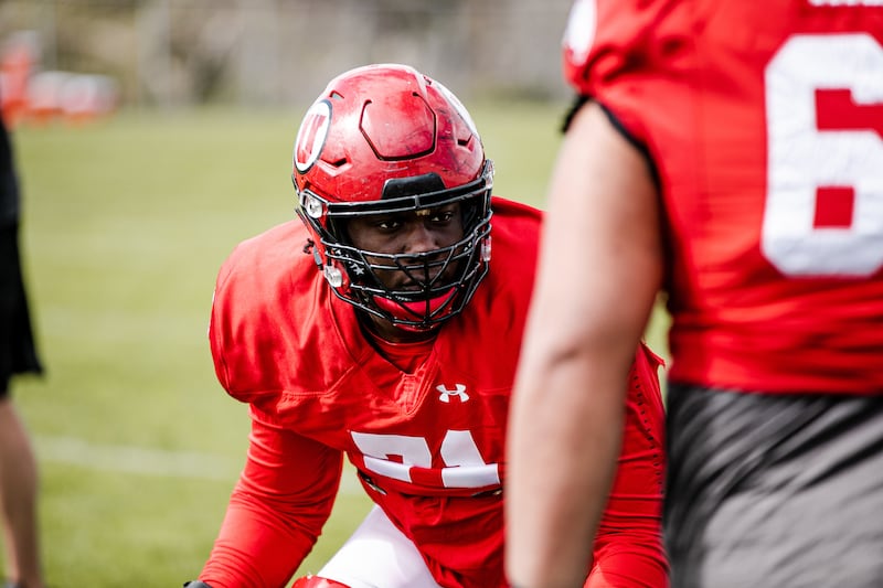 Utah offensive lineman Braeden Daniels lines up during spring camp at the University of Utah in Salt Lake City.
