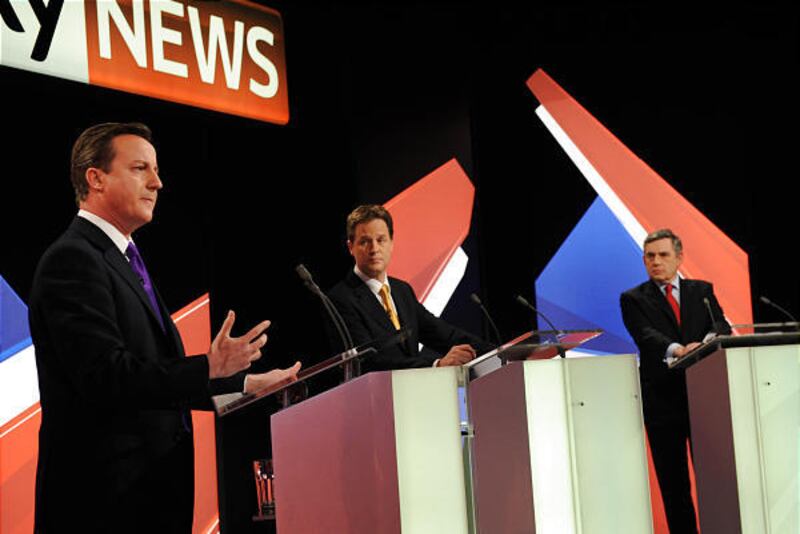 From left, David Cameron, Nick Clegg and Prime Minister Gordon Brown take part in a televised debate Thursday.