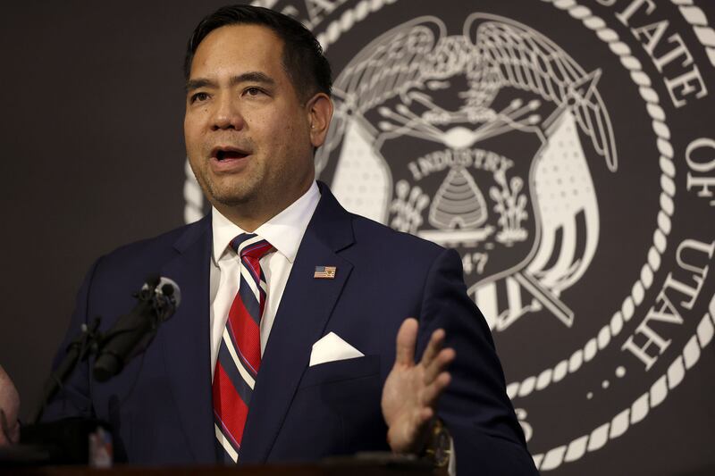 Utah Attorney General Sean D. Reyes speaks at the state Capitol in Salt Lake City on July 22, 2021. The government of Quatar paid for a trip for Reyes to see the World Cup over the Thanksgiving weekend.