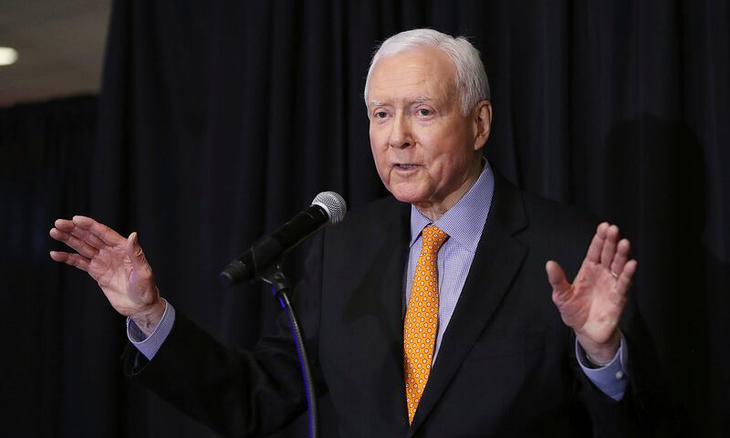 FILE - In this Nov. 6, 2018 file photo, U.S. Sen. Orrin Hatch, R-Utah gestures as he speaks during the UTGOP election night party in Salt Lake City.