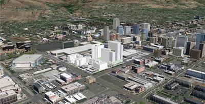 An artist's rendering of Block 67, a mixed-use, multibuilding development with its first phase expected to bring 10 stories of 230 residential units and 11 stories of hotel rooms between 200 West and 300 West and 200 South and 100 South in Salt Lake City.